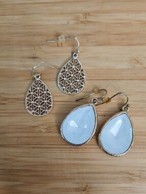 Set Of 2 - Gold Teardrop White Gemstone Dangle Earrings